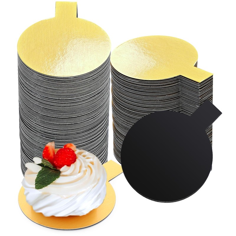 200 Pcs 2 Inch Round Mini Cake Board, Tab, Reversible, Gold, Black, Waxed