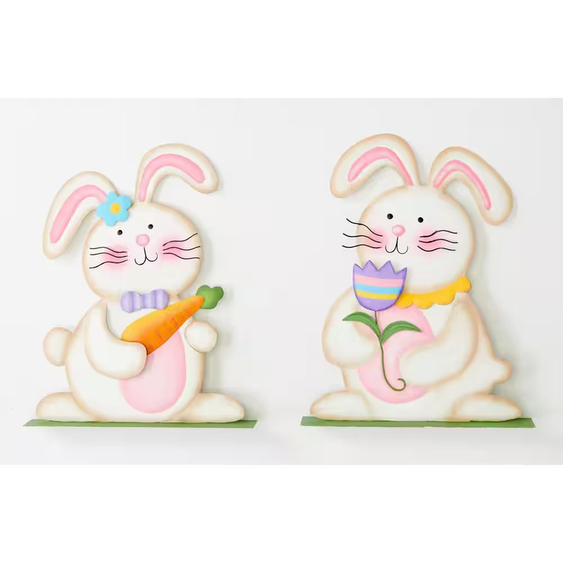12 In. Metal Tabletop Easter Bunny Holding Flower and Carrot, Set of 2 gallery