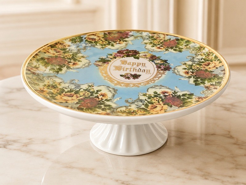 Victorian Trading Co Happy Birthday Porcelain Pedestal Cake Stand Floral 10”