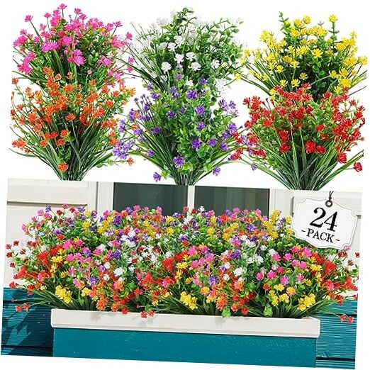 24 Bundles Artificial Flowers Outdoor,No Fade Fake Plastic 24 PCS 6 Mix Colors