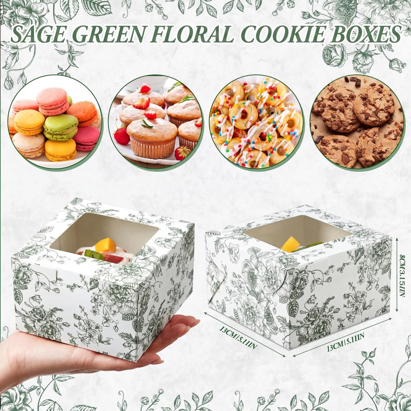 50 Pack Sage Green Floral Cookie Boxes with Window, Chinoiserie Small Bakery ... gallery