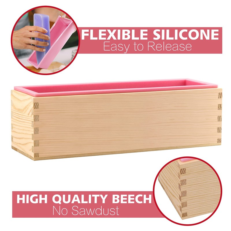 2 Pcs Rectangular Silicone Soap Molds with Wooden Box Pink Yellow Set gallery