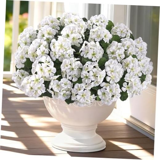 8 Bundles Artificial Flowers for Outdoors, Realistic Geraniums 8 Pack White
