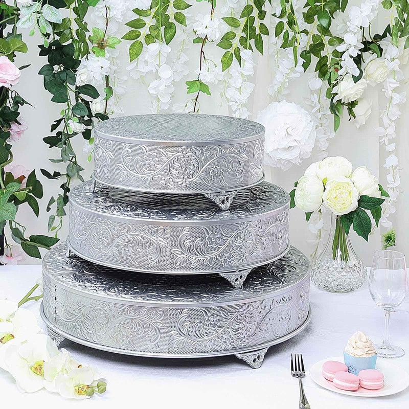 18" Silver Embossed Metal Cake Stand Round Wedding Dessert Display Pedestal gallery