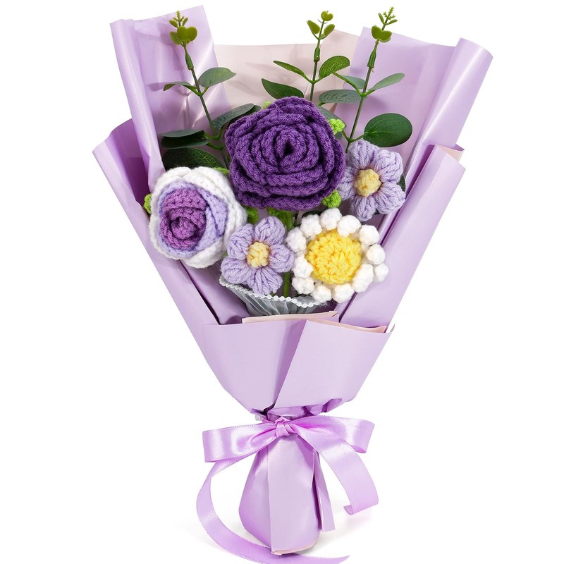 Omldggr Completed Crochet Flower Bouquet Purple Handmane Knitted Bouquet Rose