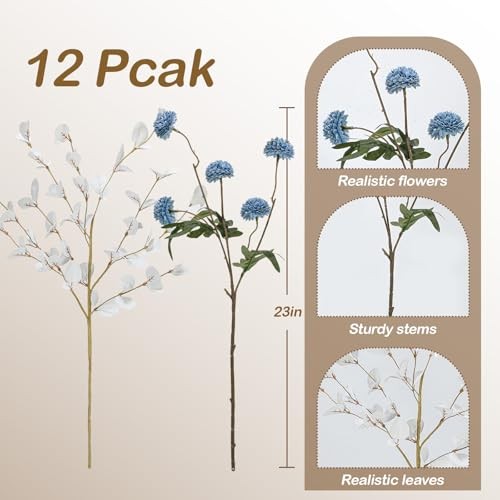 Faux Silk Pompon Mums Artificial Flowers - 12 Pcs Fake Kiku Flowers Bulk Blue gallery