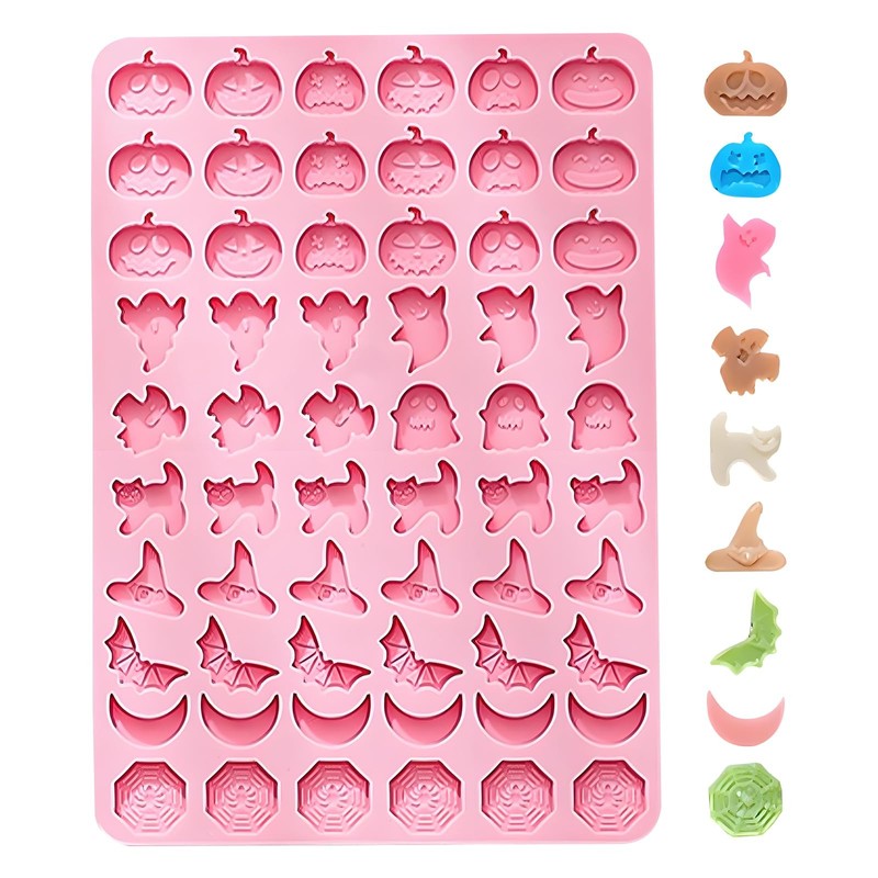 Halloween Candy Molds Silicone, 60-Cavity Mini Ghost Pumpkin Spider Bat Cat H…