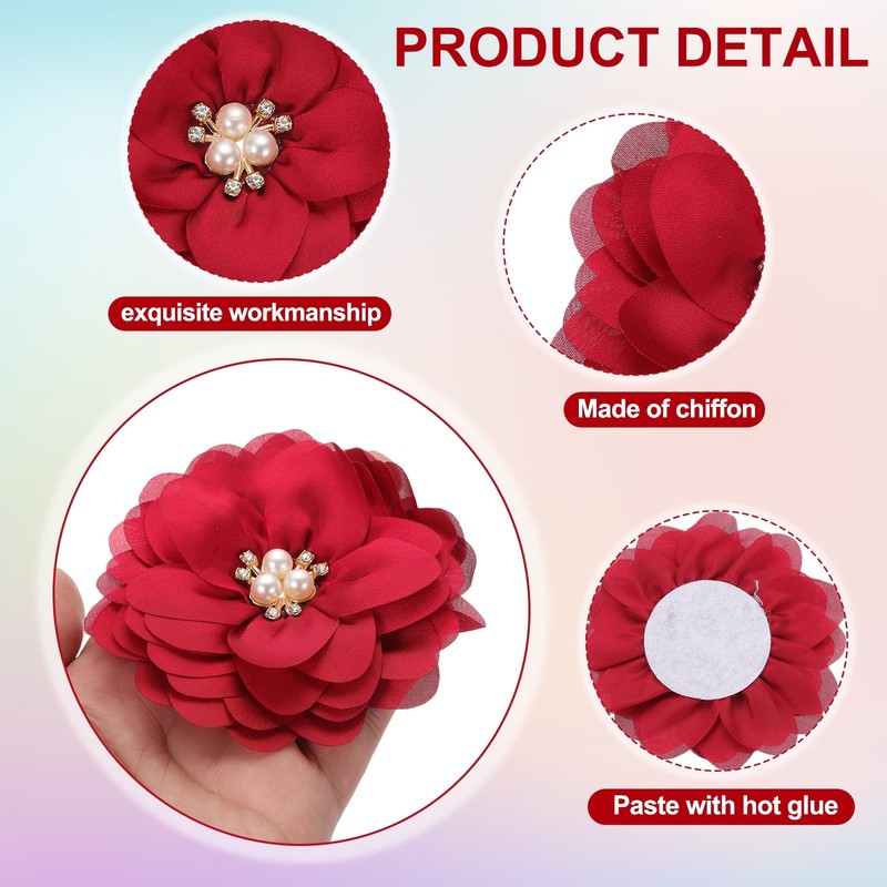10Pcs 3.15 Inch Rhinestone Chiffon Flower Fabric Appliques Wine Red gallery