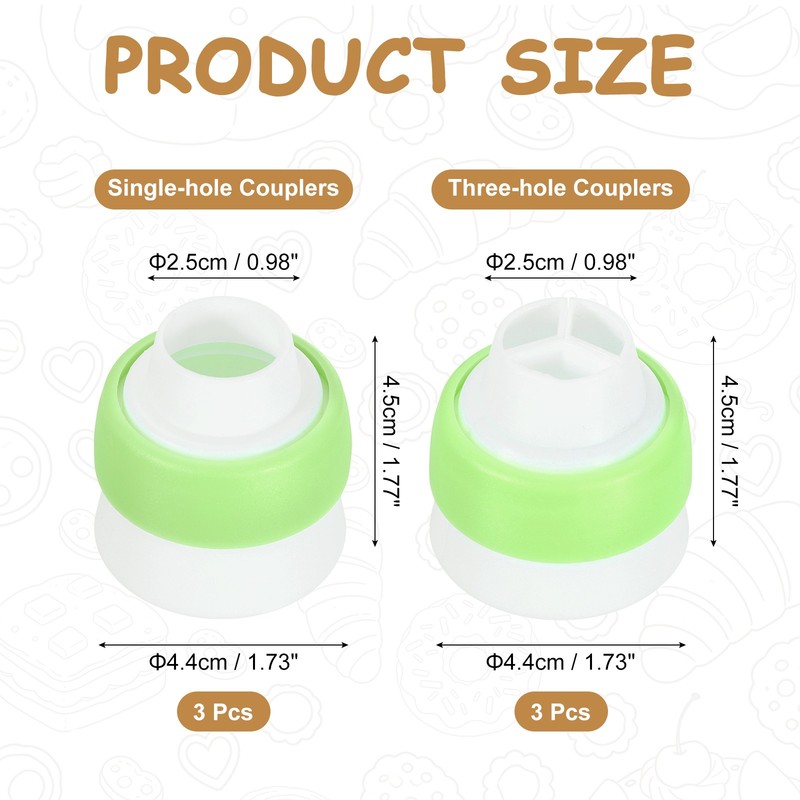 Piping Bag Couplers, 3Pcs Single Hole and 3Pcs Triple Hole Baking Tools, Green gallery