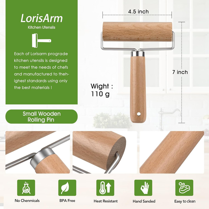 Mini Wooden Rolling Pin with Handle Beech Wood Dough Pastry Pizza Roller gallery