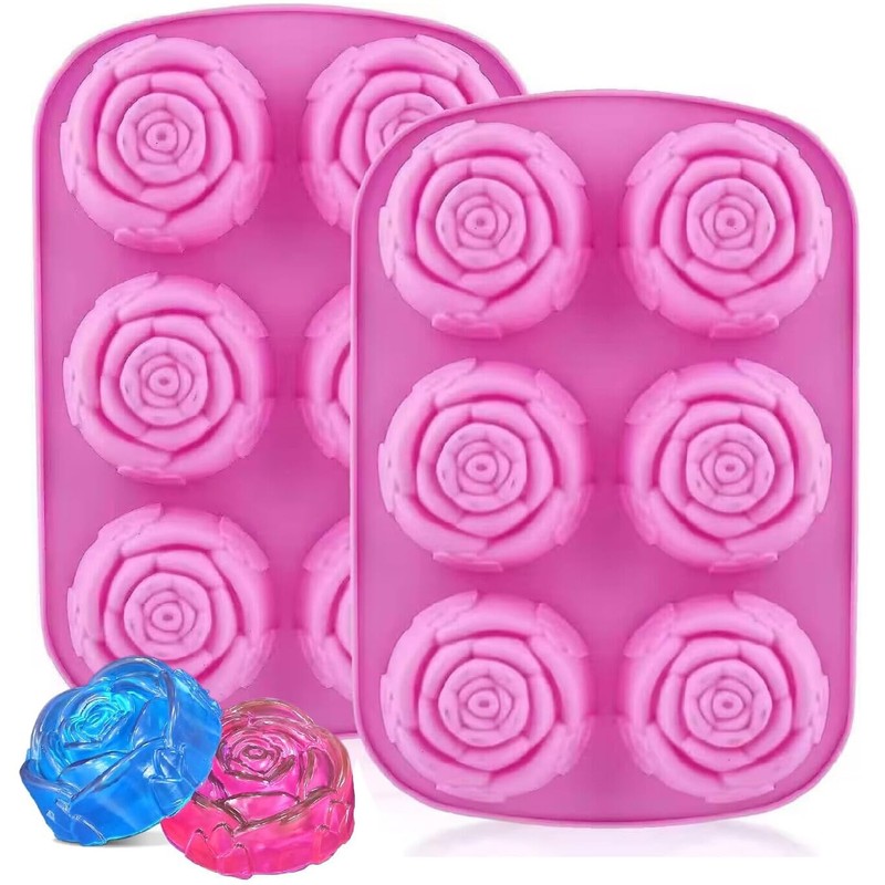 2 Pcs 6-Cavity Silicone Rose Mold Flower Shape Ice Cube Mold for Cake Soap