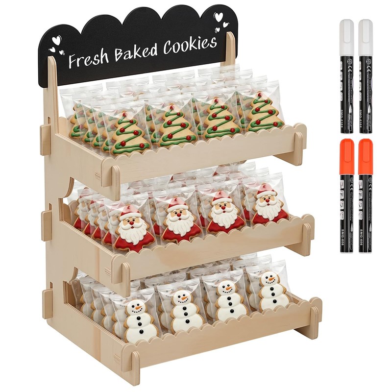 3 Tier Wooden Cookie Display Stand with Removable Chalkboard Sign,4 DIY Liqui…