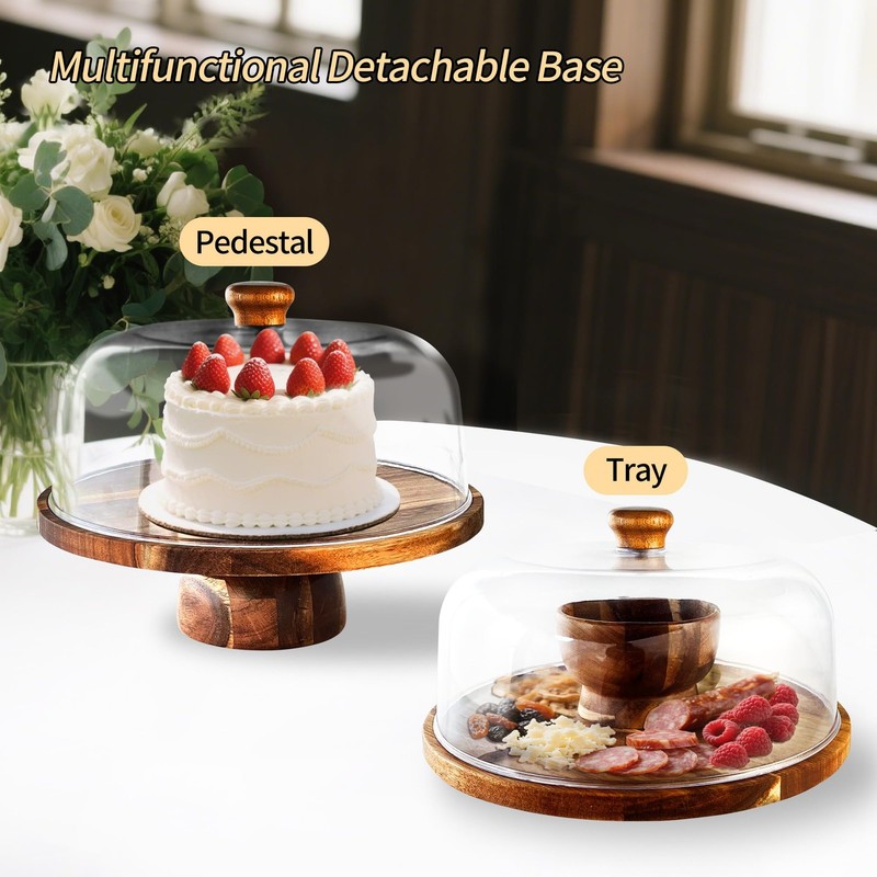 Wood-Cake-Stand With Acrylic Dome Lid, Round Wooden Cake Holder Plate With Co... gallery