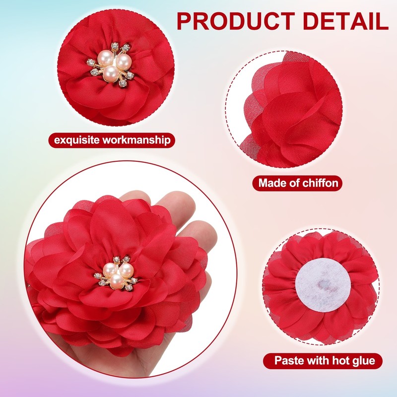 3.15 Inch Rhinestone Chiffon Flower, 5 Pcs Fabric Appliques, Red gallery