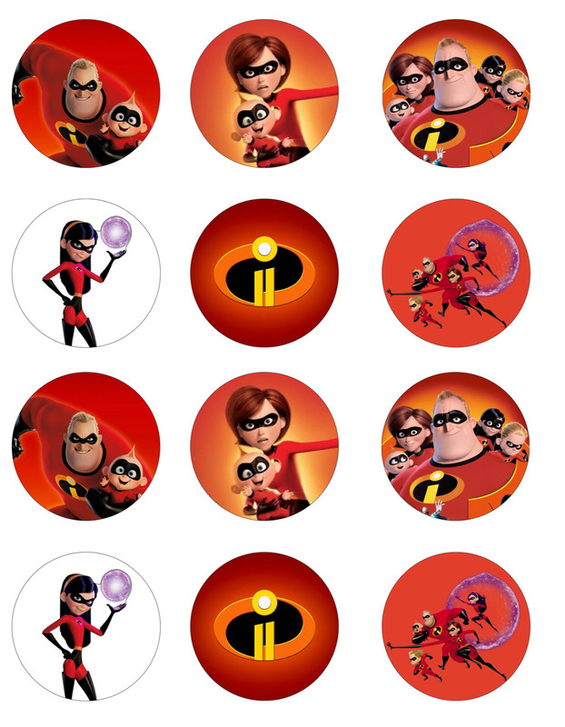 set of 12 the incredibles, edible paper, cupcake cookie toppers CHOOSE SIZE