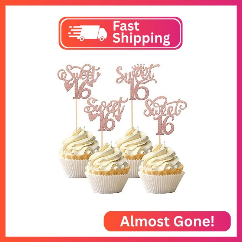 24 PCS Sweet 16 Cupcake Toppers with Glitter Crown Hello 16 Sixteen Cheers to 16