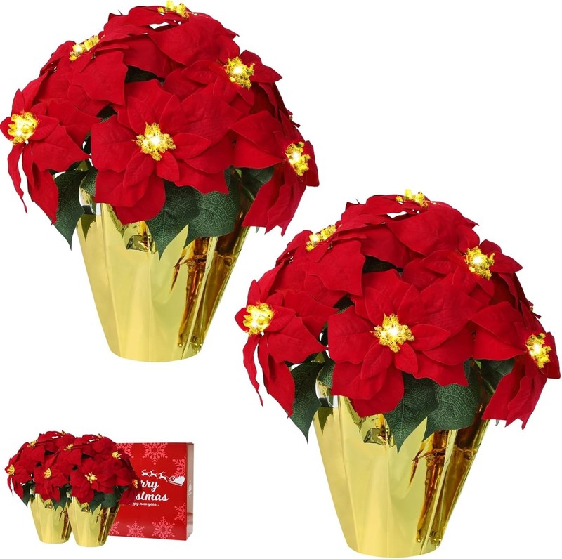 2 Pa 18″ Lighted Lar Artificial Poinsettias for Outdoors