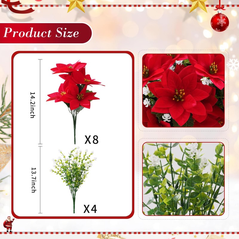 MOIAVAN 12 Bunches Poinsettias Artificial Christmas Flowers 14 inches, Red gallery