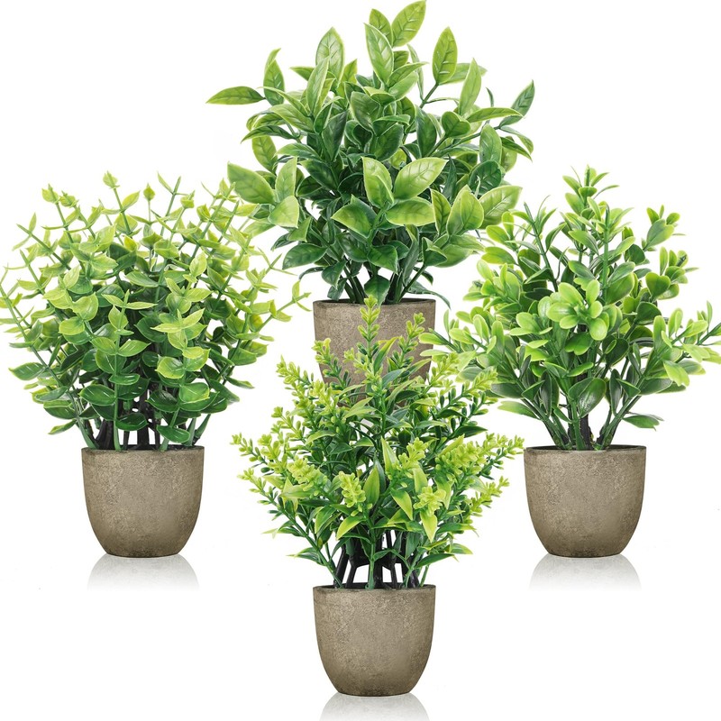Der Rose 4 Pack Mini Artificial Plants Indoor in Pots Mixed 7″H × 2.1″W, Grey