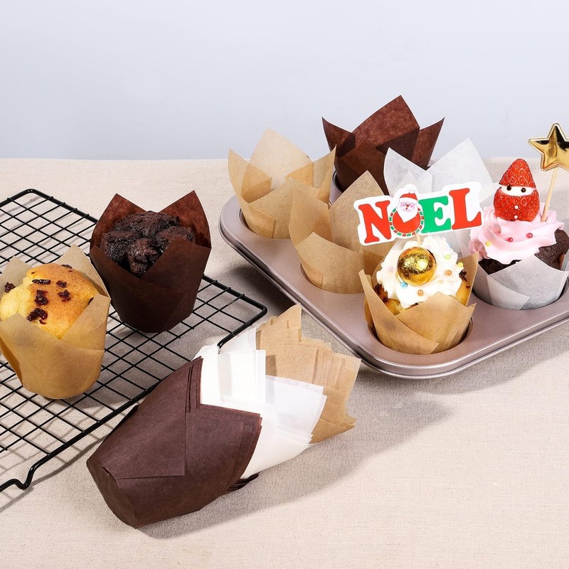 200ct Tulip Cupcake Liners, Parchment Paper Muffin Cups, Brown, White gallery