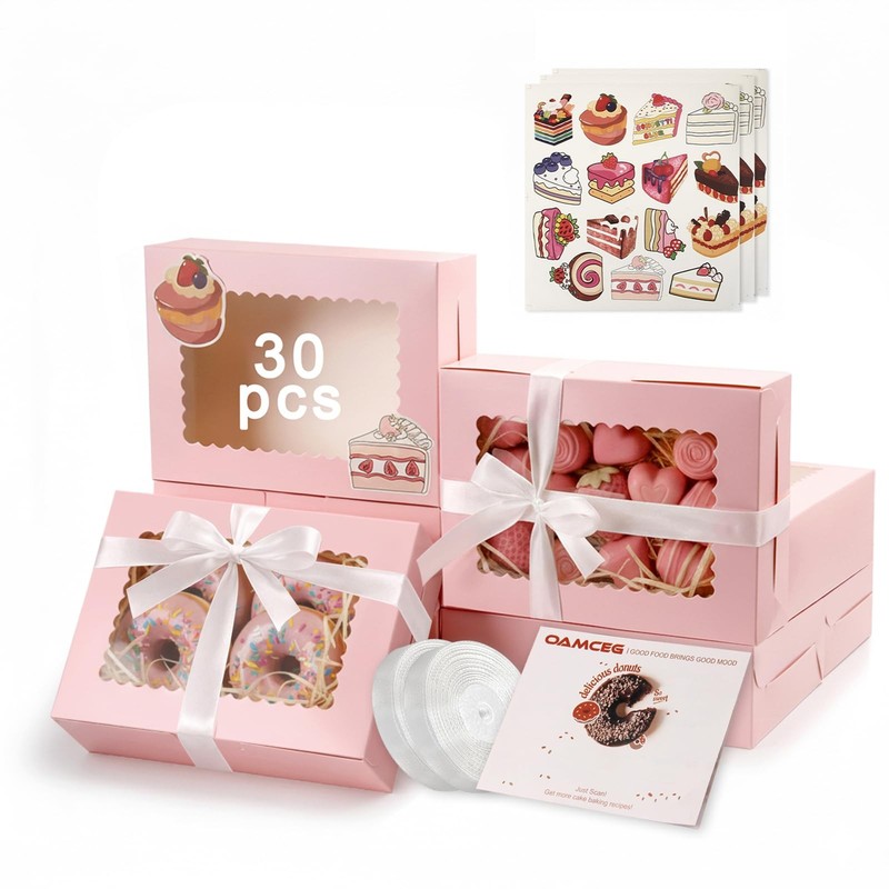 30 PCS Bakery Cookie Boxes With Window Pink Treat Pastry Fits 8x6x2.5 Inch