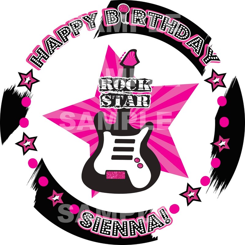 ROCK STAR PINK BLACK Edible Cake Topper Image Round Frosting Sheet PERSONALIZED!