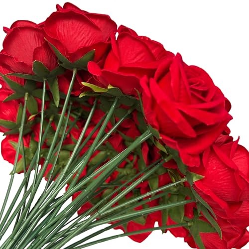 FagusHome 30 Pcs Silk Rose Artificial Flowers Roses Bulk Bouquet Fake Red gallery