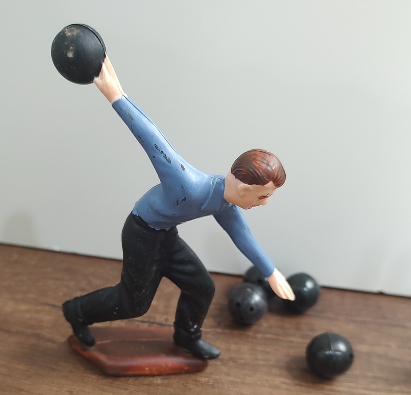 Vintage Bowling Man Cake topper hard plastic 4.5” MCM Hong Kong Bowling Pins B4 gallery