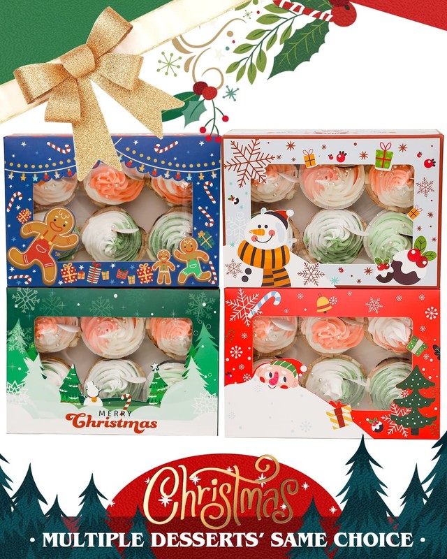30 Pack 6-Cup Christmas Cupcake Boxes with Window 9.4x6.1x3 inch Carrier gallery