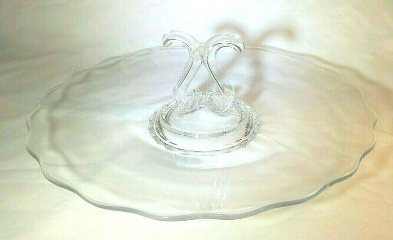 Vintage Clear Glass Cake Plate Stand Scallop Edge with Double Center Handle 12″