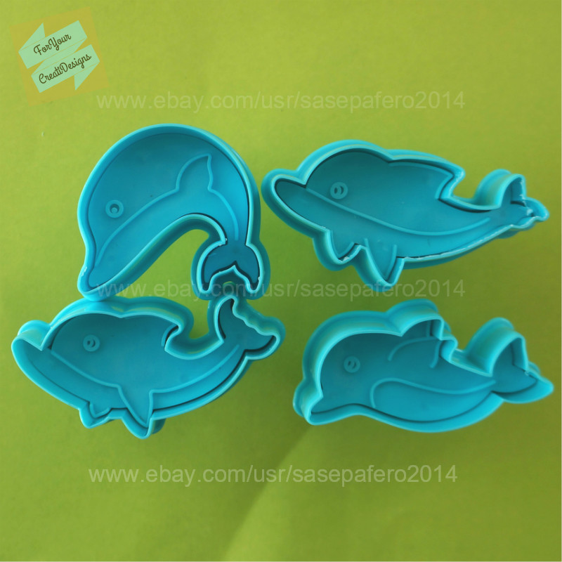 Dolphin plunger cookie cutter with stamp, 4 pieces set. 4 different designs.
