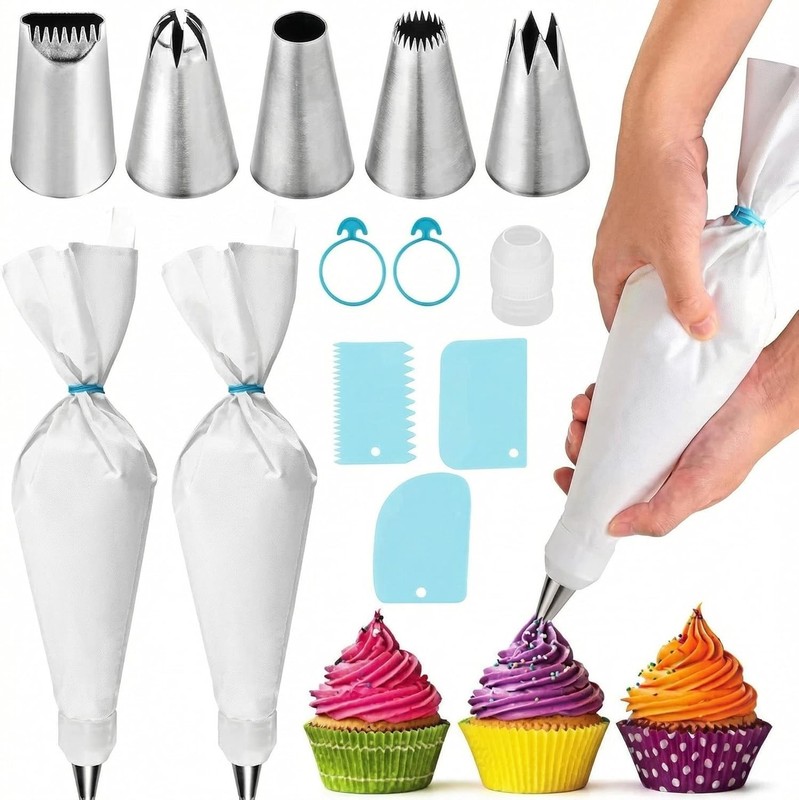 Baking & Pastry Tool Kit 14 Nozzles & 6 Blue Scrapers Reusable Bags & Ties