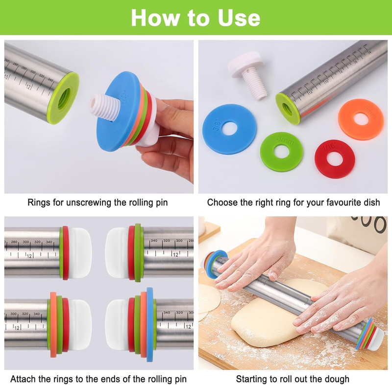 Rolling Pin with Thickness Rings and Red Silicone Baking Mat, Adjustable Stainle gallery