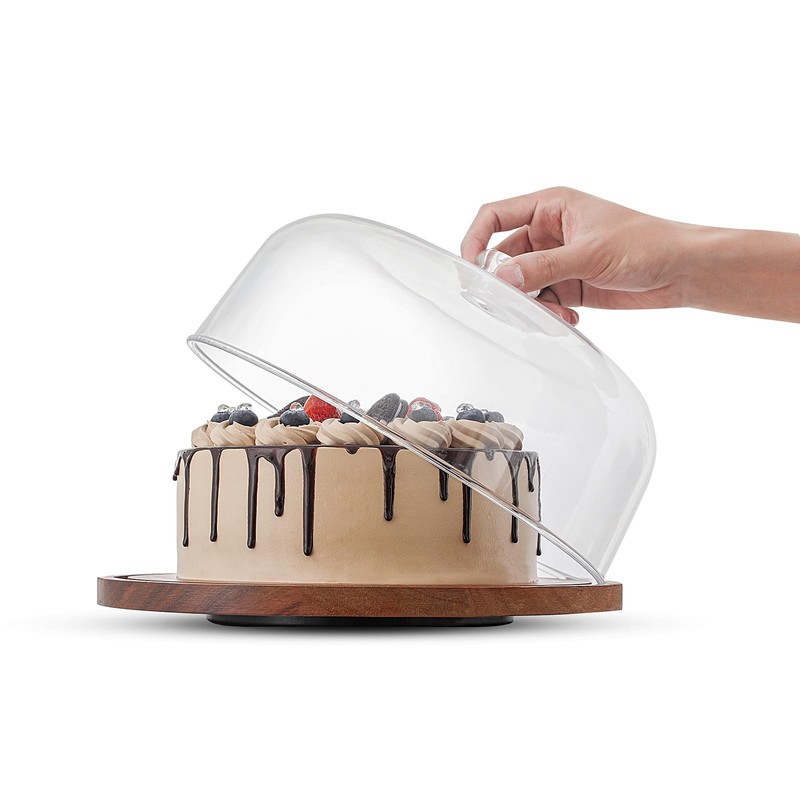 Acacia Wood Cake Stand with Acrylic Dome Lid, Cake Holder 360° Rotating, Dess…