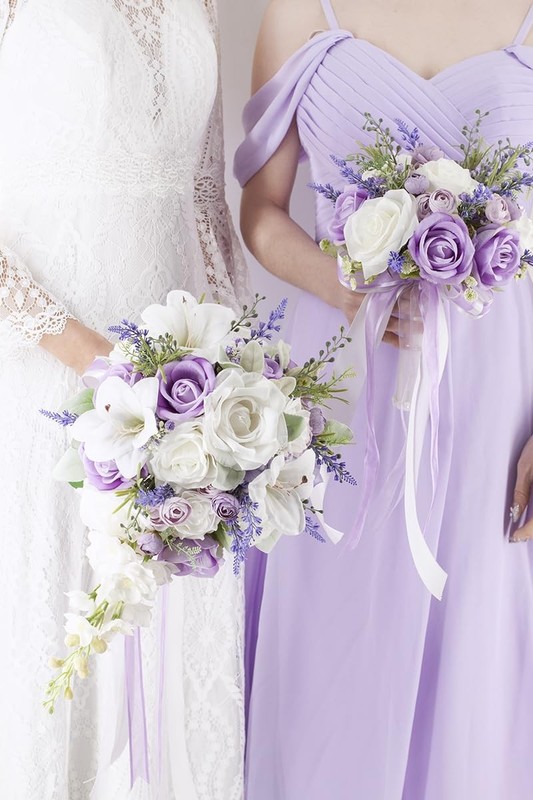 Floinla Bridal Bouquet Cascading Lilac Wedding Bouquets For Bride Bridesmaid 10 gallery