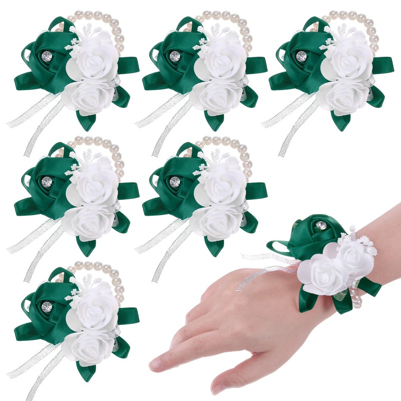 6-Pack Pearl Corsage Wristlet Bracelet for DIY Corsage Supplies [Dark Green]