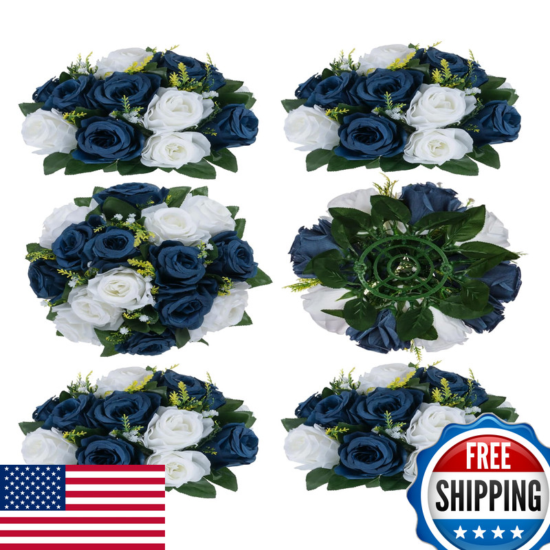 Blosmon Flower Balls Table Centerpieces 6 Pcs Fake Flowers Navy Blue White