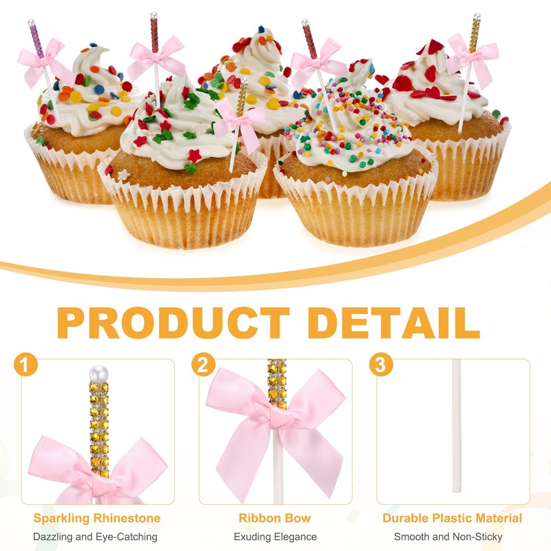 36 Pcs Bling Rhinestone Cake Sticks, Bow Lollipop Cake Toppers Pick, Bright Red gallery
