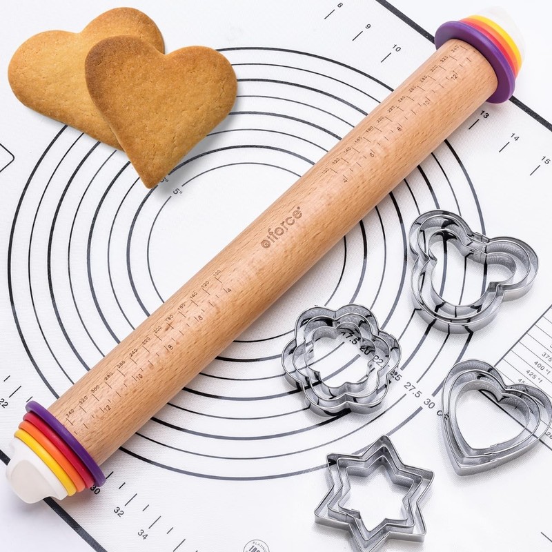 Wooden Rolling Pin with Thickness Rings and Pastry Baking Mat, Pizza, Cookie,…