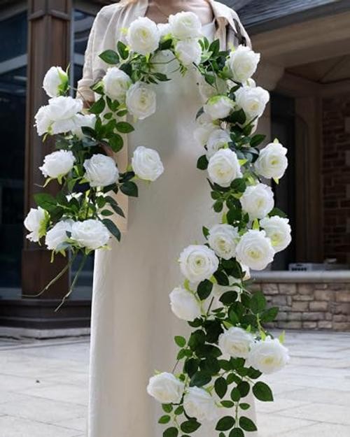 2Pcs 12Ft Bendable Artificial Flower Garland Faux Rose Vine Hanging 2pcs White