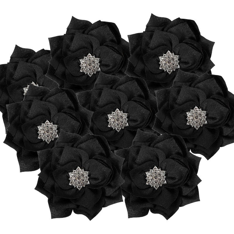 3 Inch 10 Pcs Rhinestone Pearl Chiffon Flower, Black