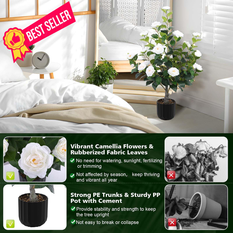 Hananona 2 Pcs Artificial Camellia Trees Faux Plant in Medium, White gallery