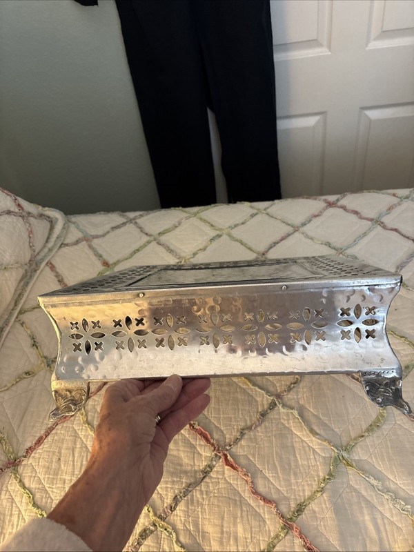 Vintage Silver 14" Square Cake Stand Display Party Riser With Cutouts. Aluminum? gallery