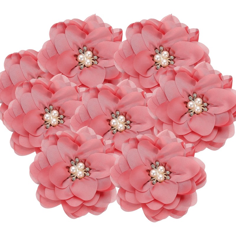 10Pcs 3.15 Inch Rhinestone Chiffon Flower Fabric Appliques Red Pink