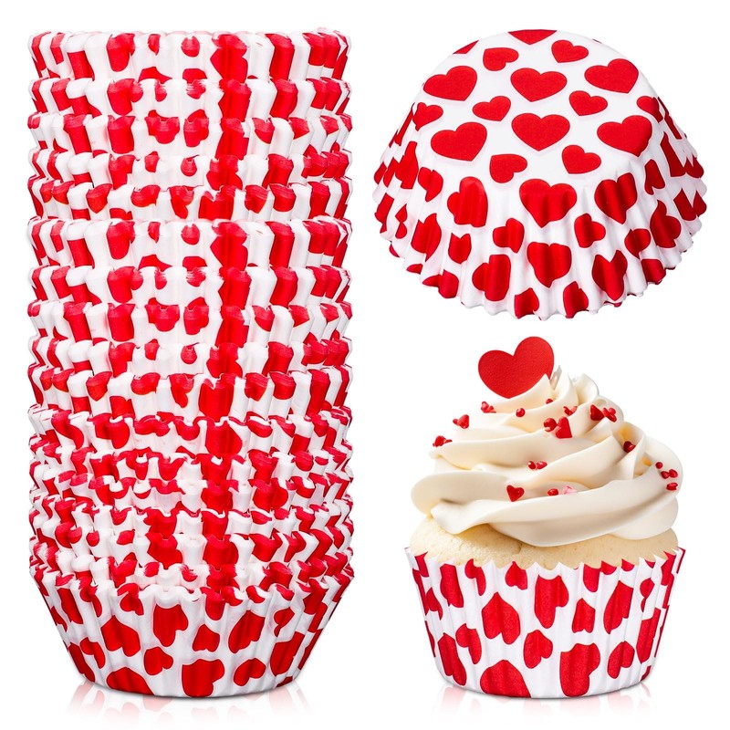 300-Pack Valentine Cupcake Liners Red Heart Standard Size Muffin Wrappers