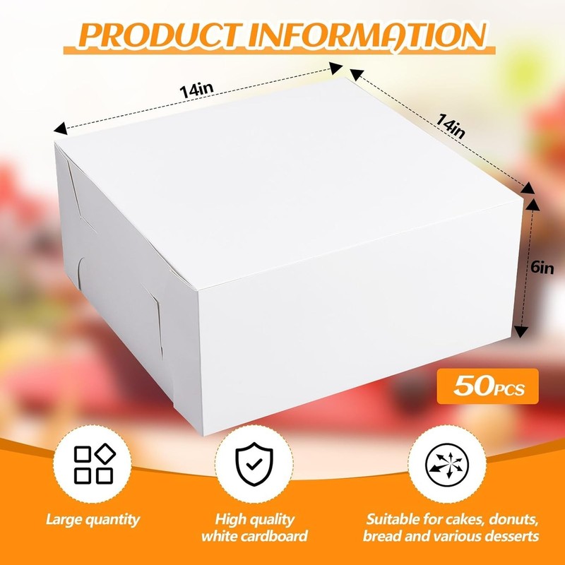 New 50 Pack White Cake Boxes 14"x14"x6" Bakery Pastry Storage gallery