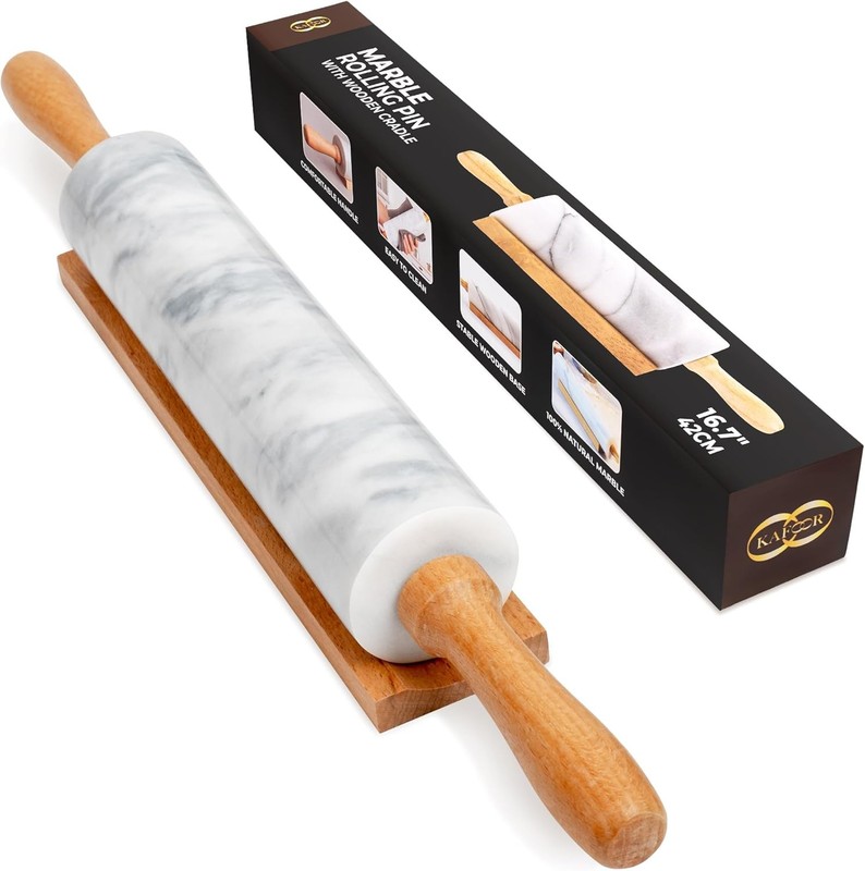 16.7 Inches Marble Rolling Pin for Baking with Wooden Handles & Wooden Cradle...