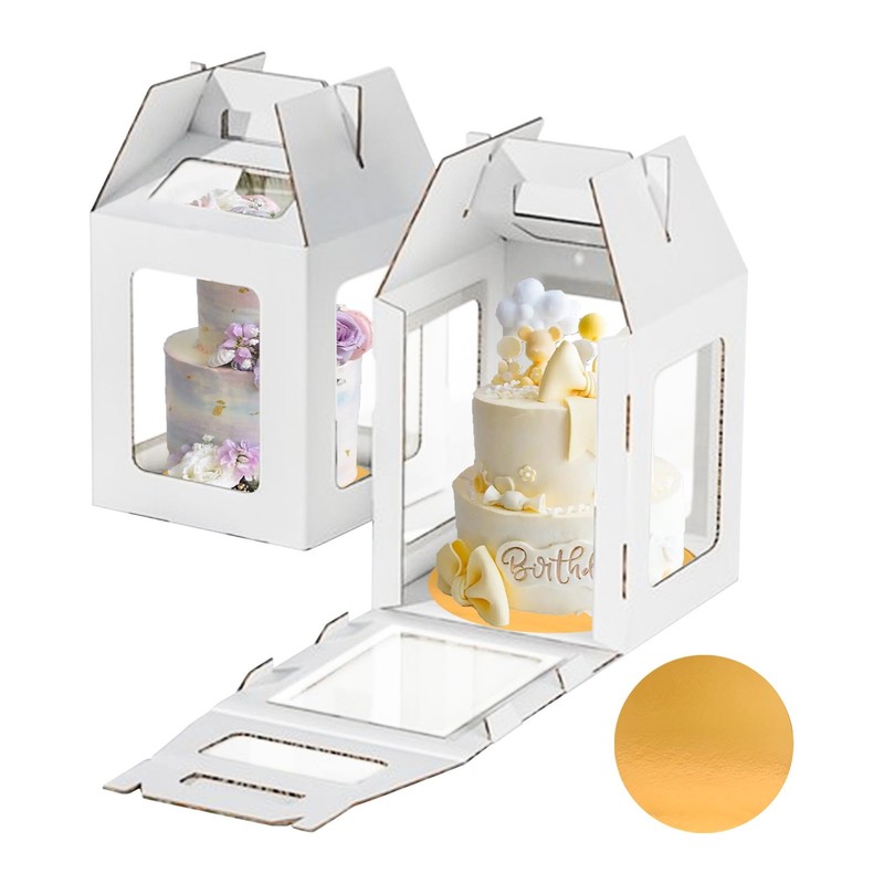 2 PK 10x10x12 Inch Tall Tiered Cake Box With Clear Window Handle Board
