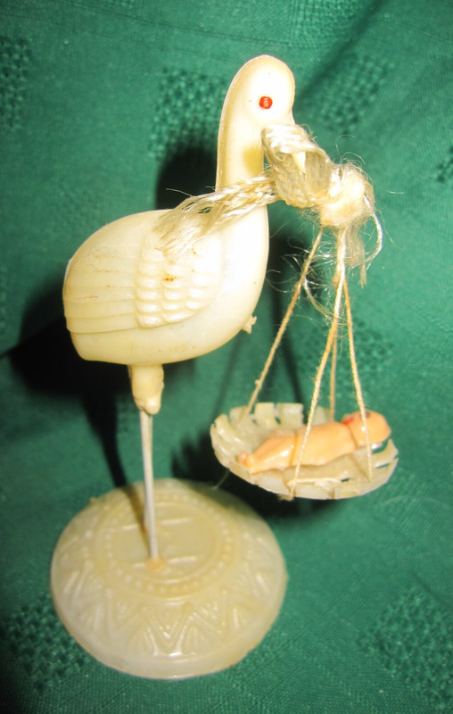 Vtg Celluloid 4-1/4" tall 1960s Stork w/Baby Shower Gift Decoration Cake Topper gallery