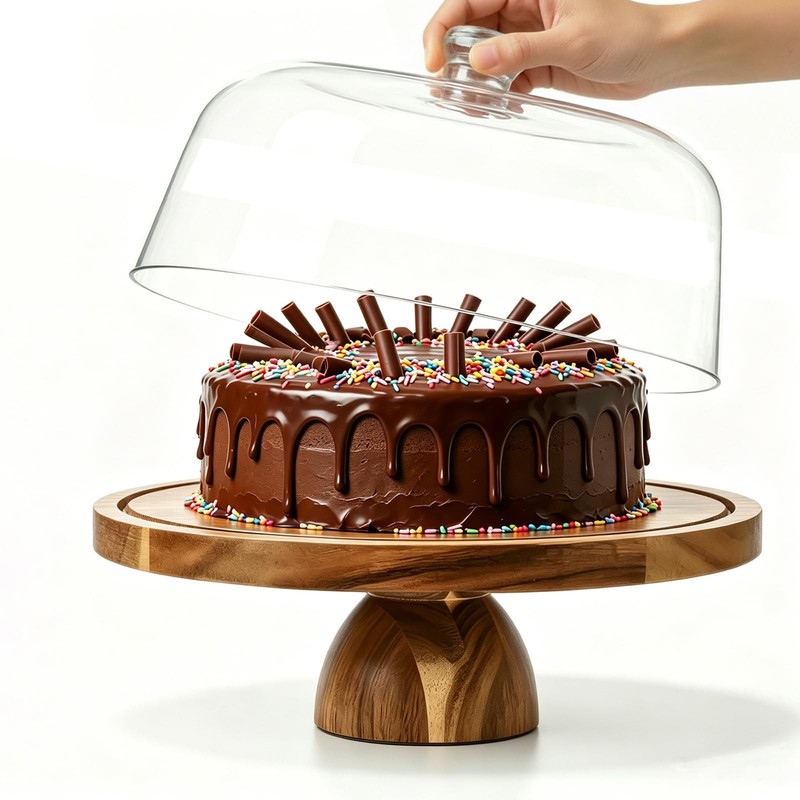 Acacia Wood Cake Stand with Lid, 2-In-1 Cake Plate with Acrylic Lid, 12in Rou…